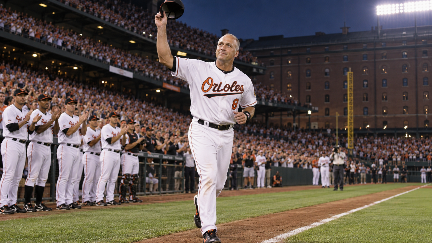 Photorealistic reconstruction of Cal Ripken Jr. celebrating his record 2,131st consecutive game in 1995.