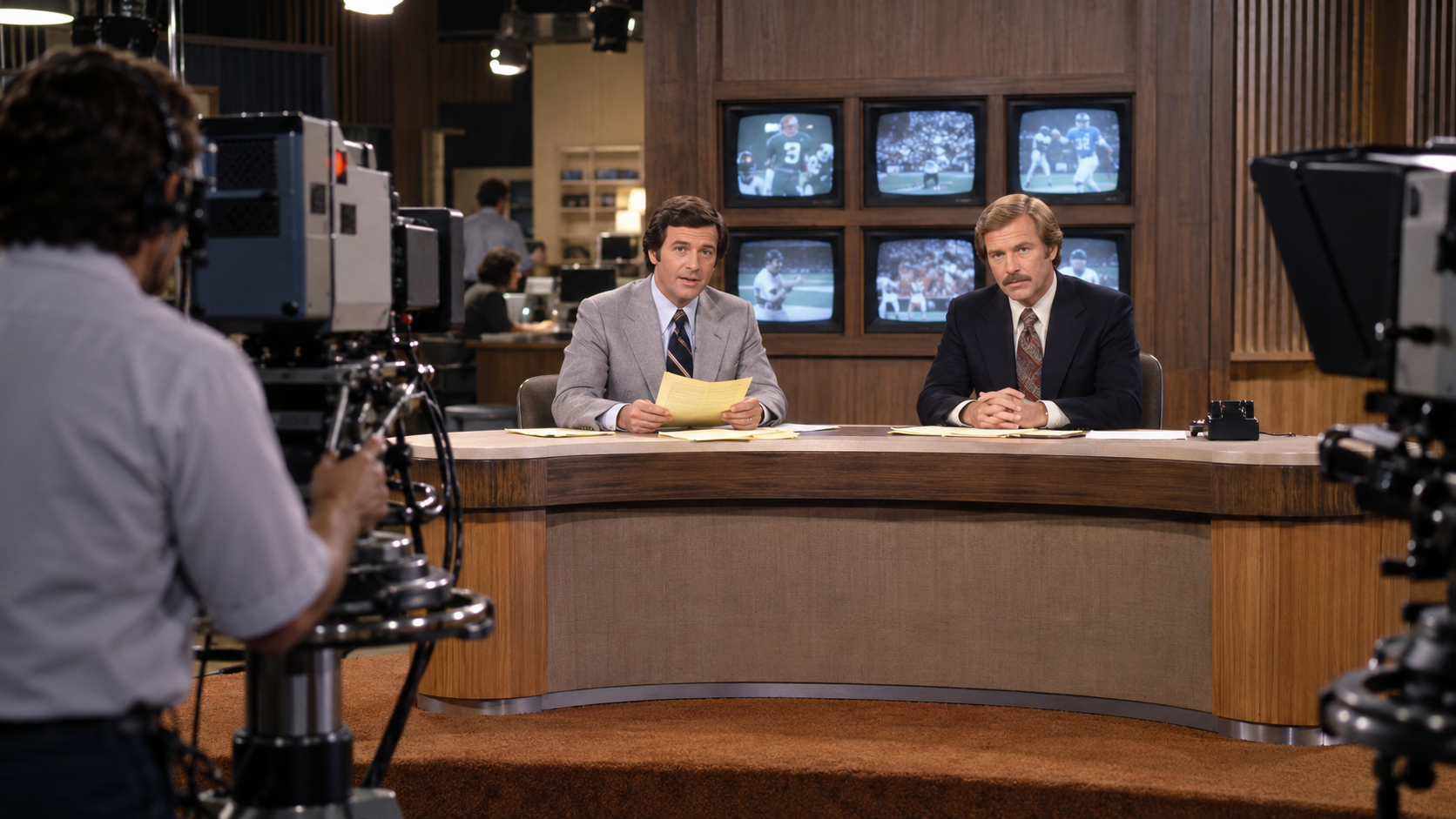 Photorealistic historical reconstruction of ESPN's first SportsCenter broadcast in 1979.