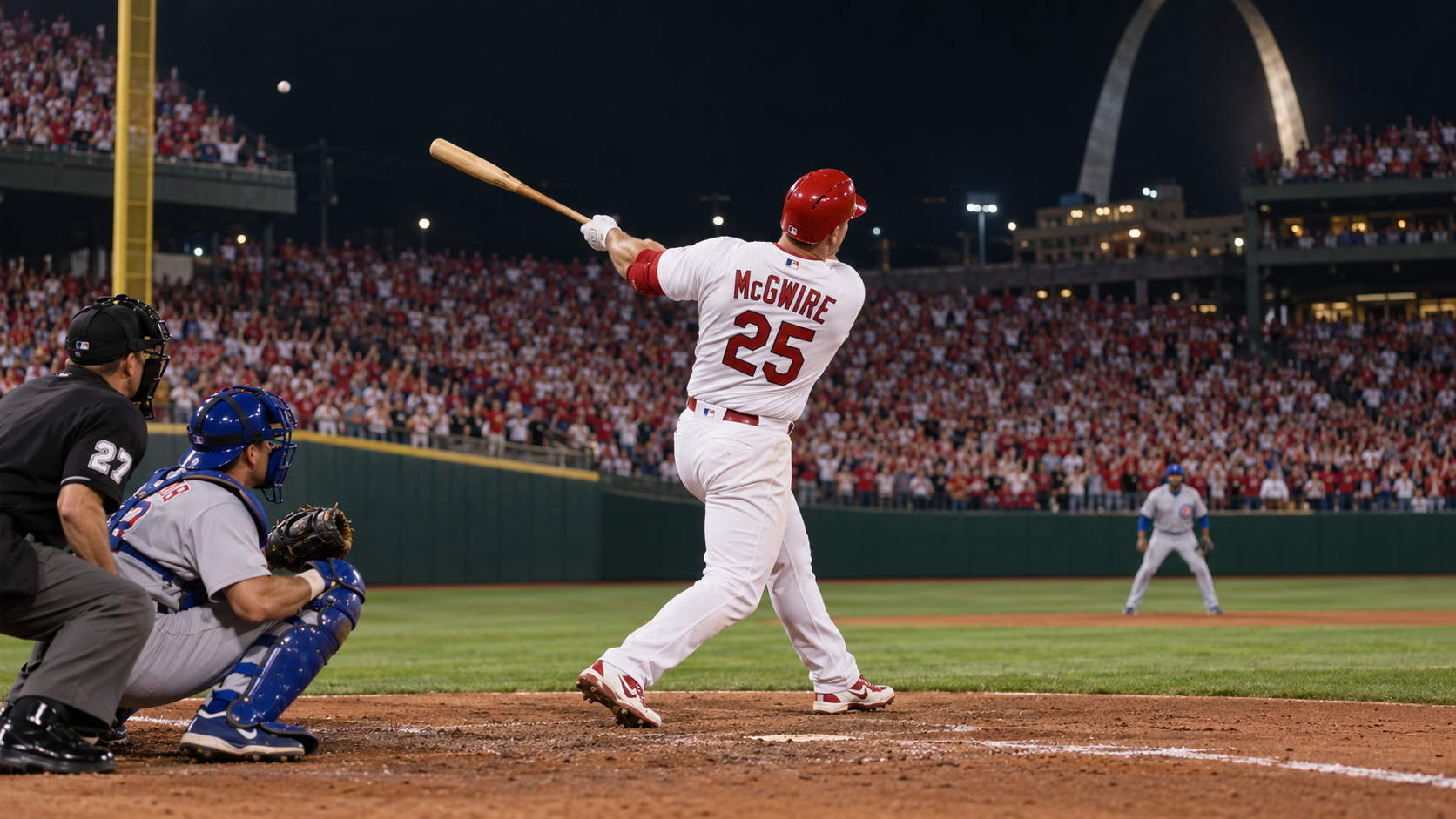 Photorealistic reconstruction of Mark McGwire hitting his record-breaking 62nd home run in 1998.