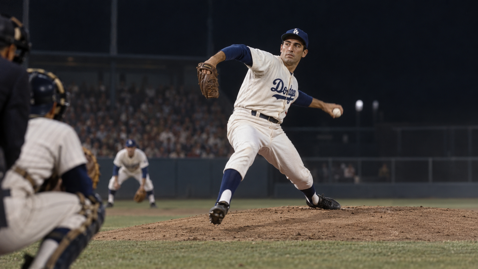 Photorealistic historical reconstruction of Sandy Koufax pitching his perfect game at Dodger Stadium in 1965.