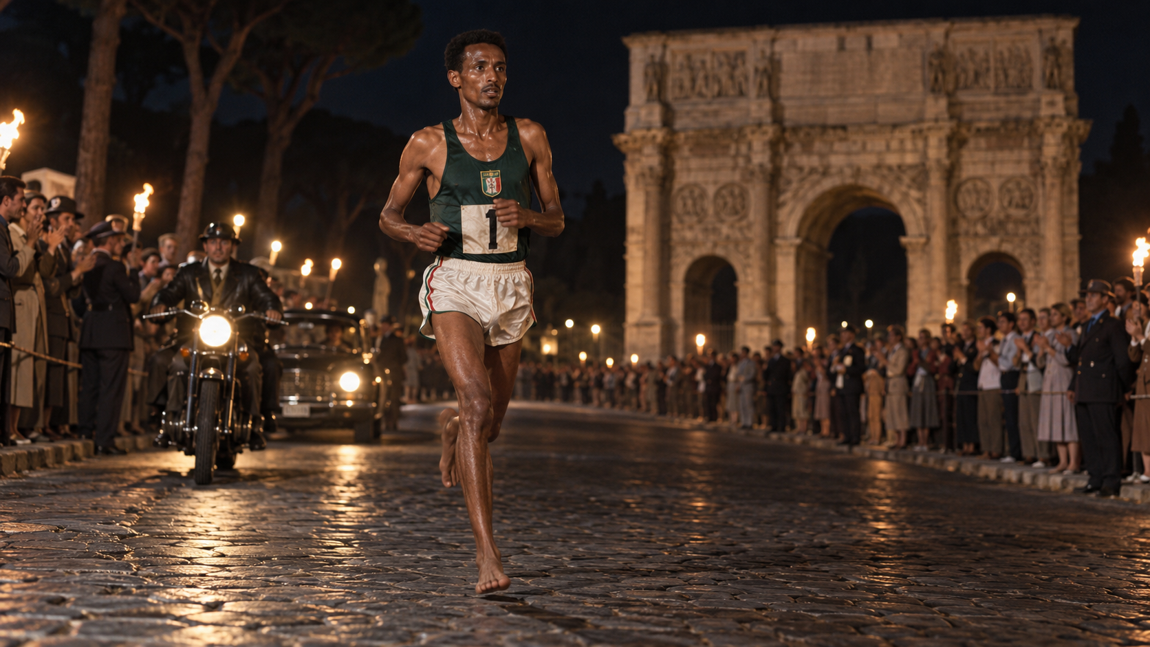 Photorealistic historical reconstruction of Abebe Bikila winning the barefoot Olympic marathon in Rome in 1960.