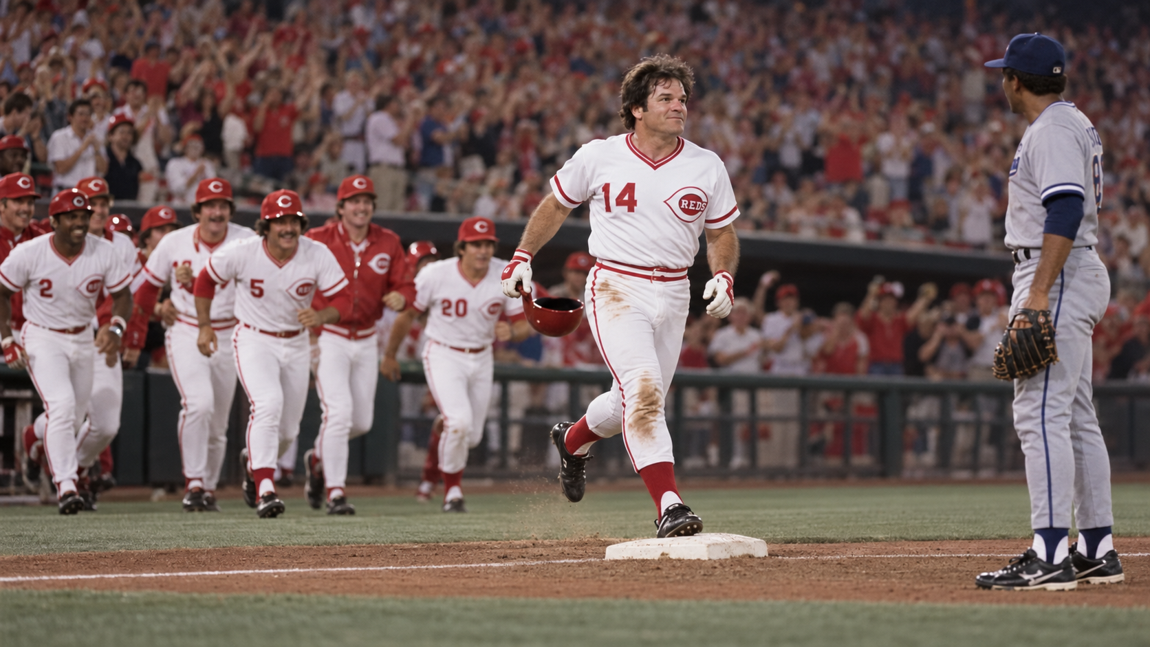 Photorealistic reconstruction of Pete Rose reaching first base after breaking the career hits record in 1985.