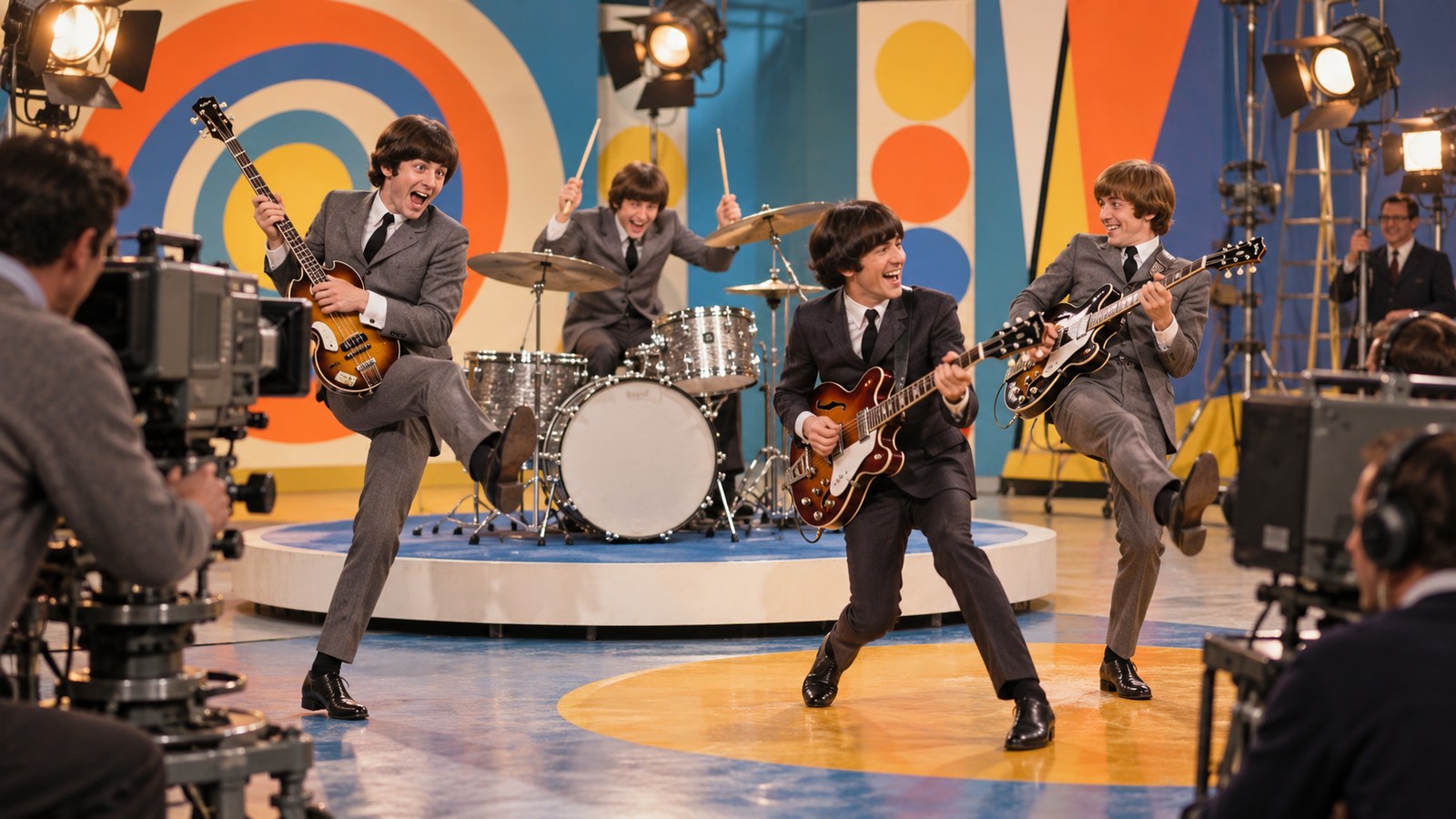 AI reconstruction of the Monkees filming their television premiere in 1966