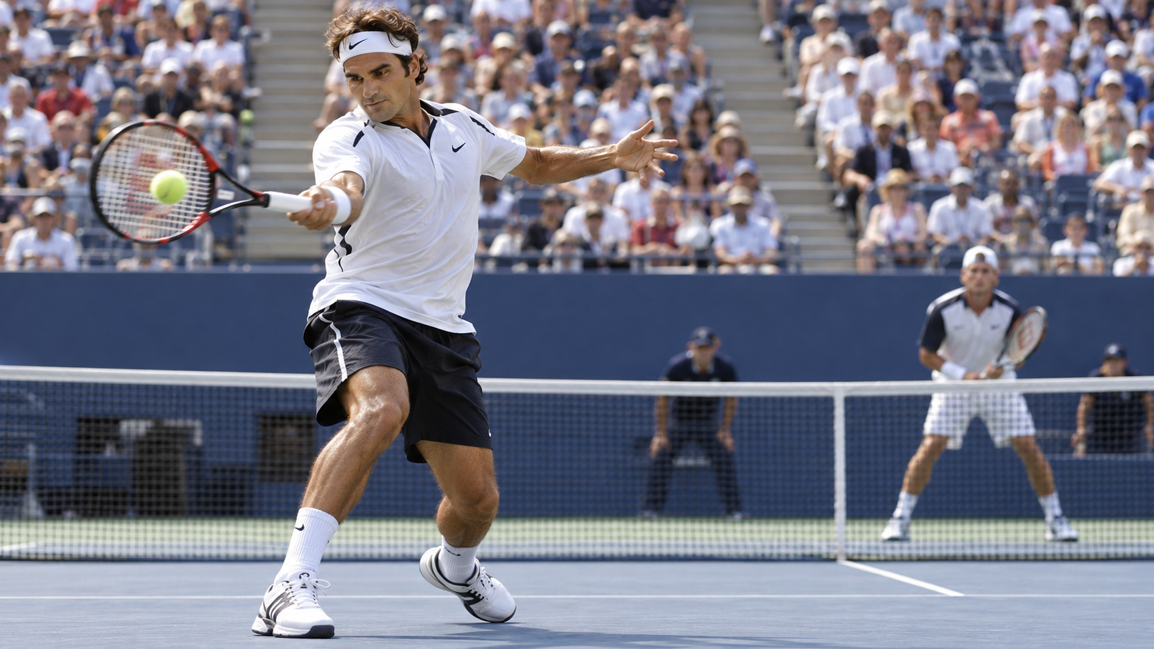 Photorealistic reconstruction of Roger Federer playing the 2004 US Open final against Lleyton Hewitt.