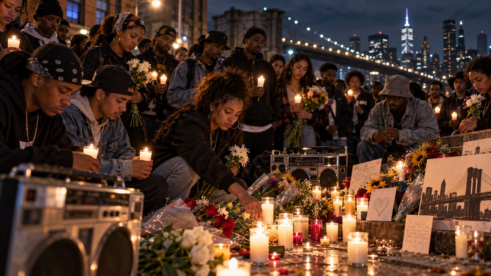 AI reconstruction of fans holding a candlelight vigil for Tupac Shakur in 1996