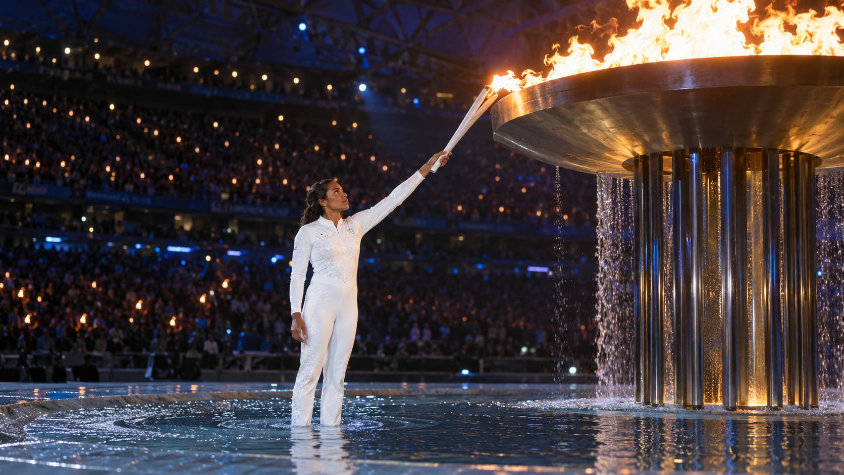 Photorealistic reconstruction of Cathy Freeman lighting the Olympic cauldron at the Sydney 2000 opening ceremony.