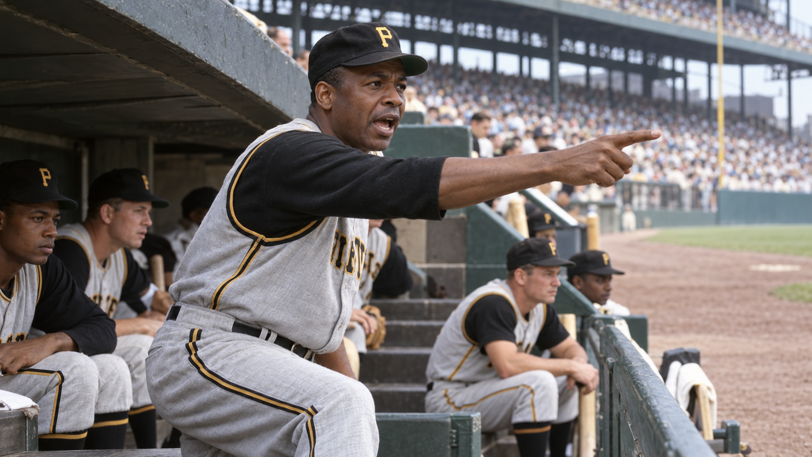 Photorealistic historical reconstruction of Gene Baker managing the Pittsburgh Pirates in 1963.