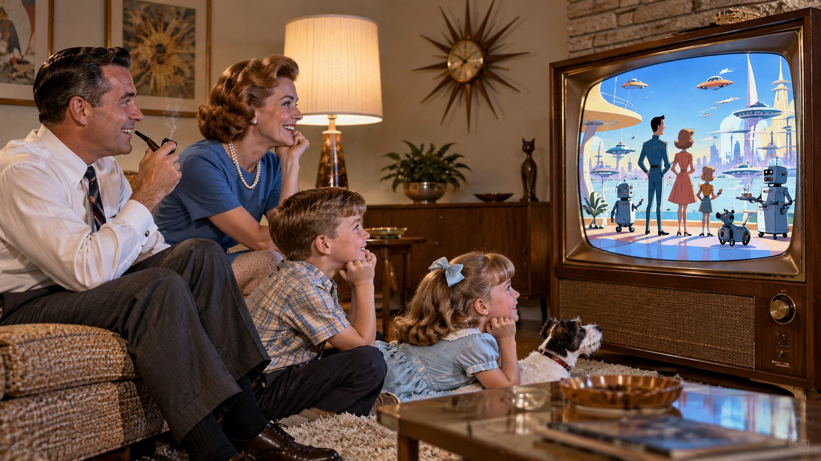 AI reconstruction of a family watching The Jetsons premiere in 1962