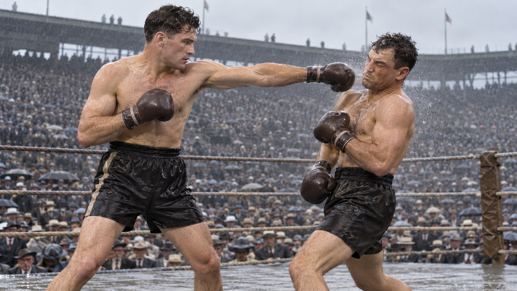 Photorealistic historical reconstruction of Gene Tunney boxing Jack Dempsey for the heavyweight title in 1926.