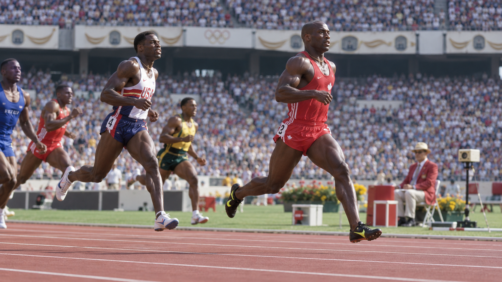 Photorealistic historical reconstruction of the 1988 Seoul Olympic men's 100-meter final later changed by disqualification.
