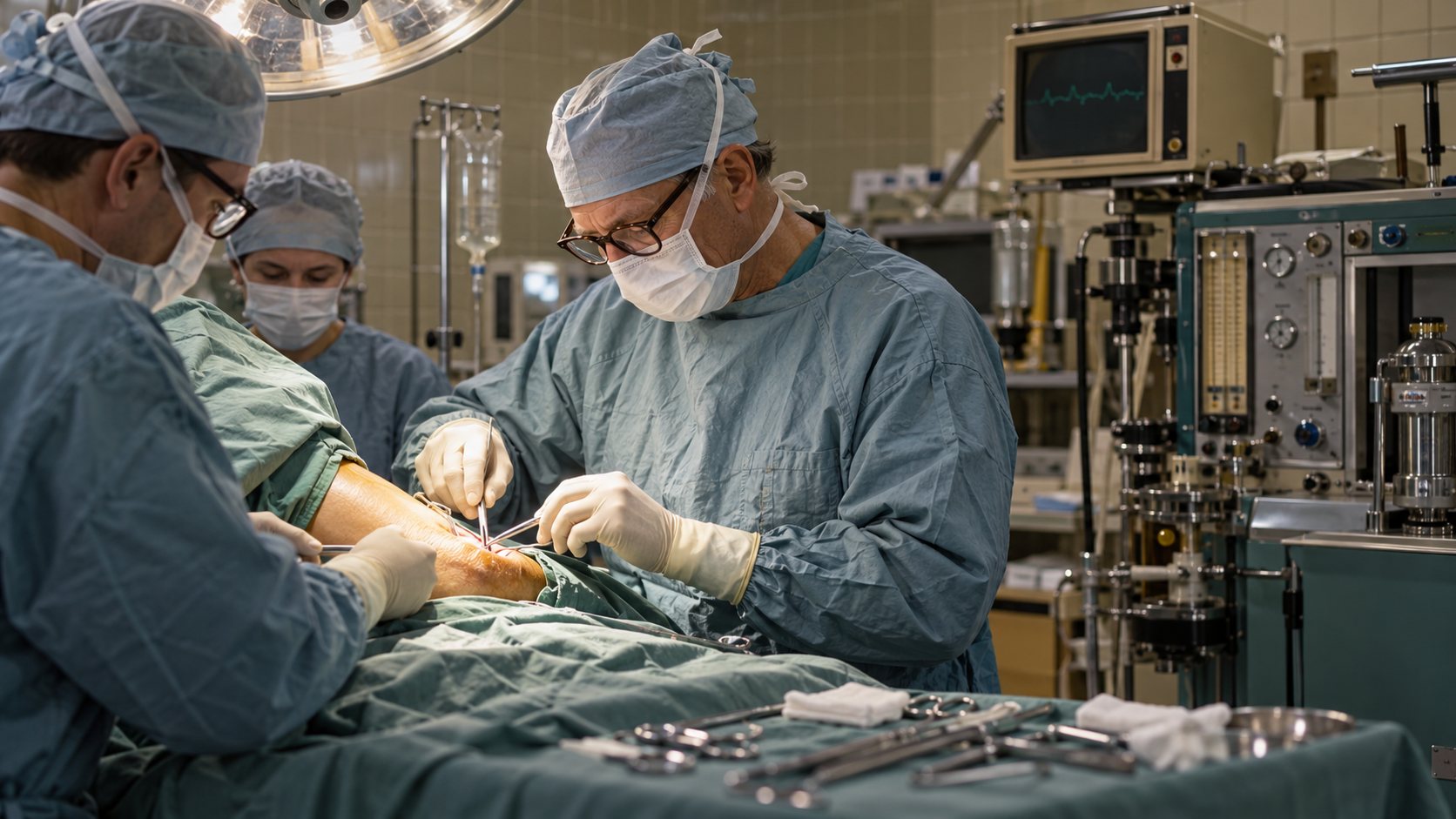 Photorealistic historical reconstruction of Dr. Frank Jobe performing the first Tommy John elbow surgery in 1974.