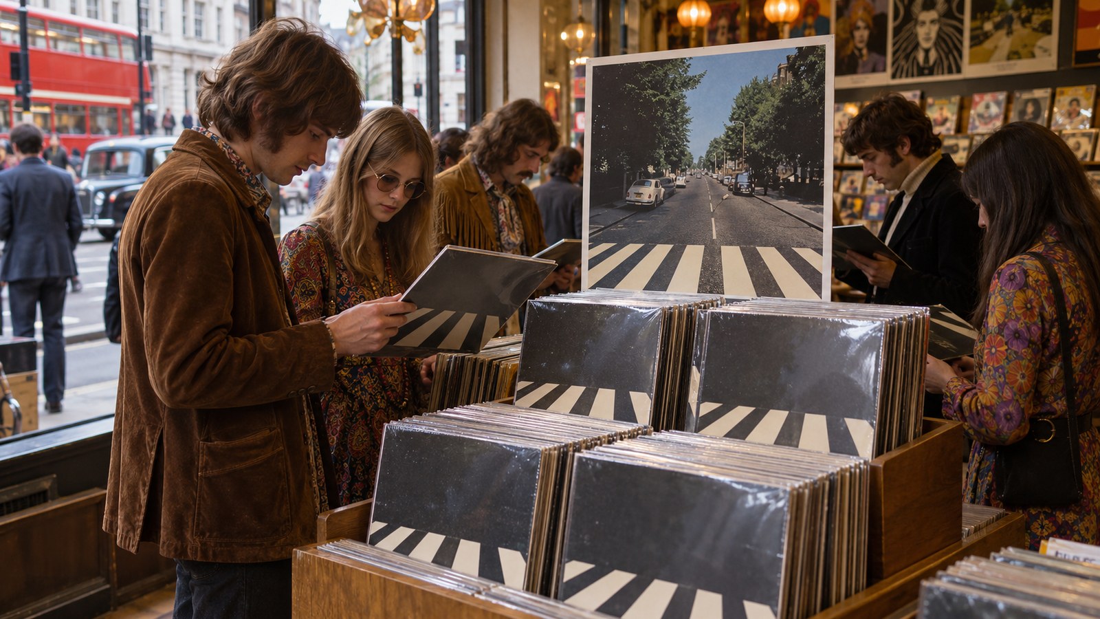 AI reconstruction of a London record shop receiving Abbey Road in 1969