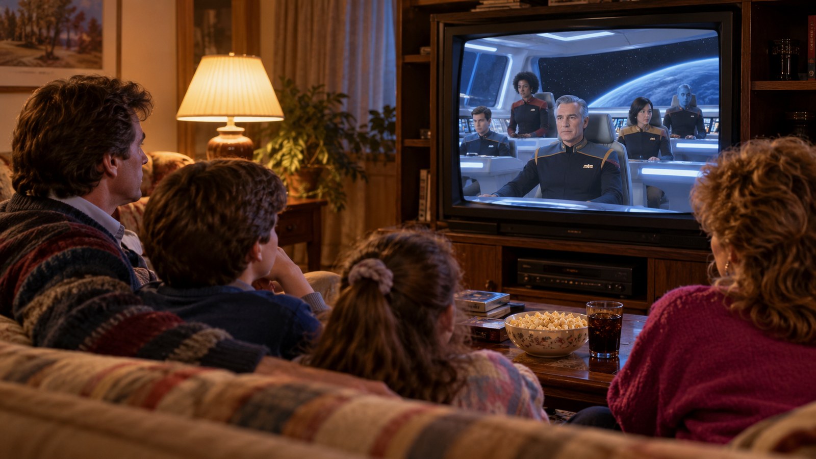 AI reconstruction of a 1987 family watching The Next Generation premiere