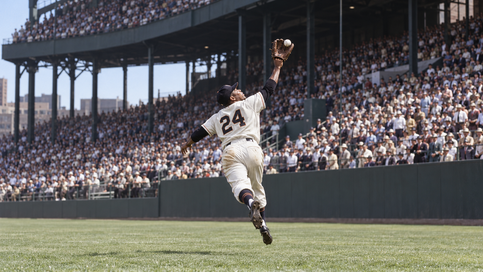 Photorealistic historical reconstruction of Willie Mays making The Catch in the 1954 World Series.
