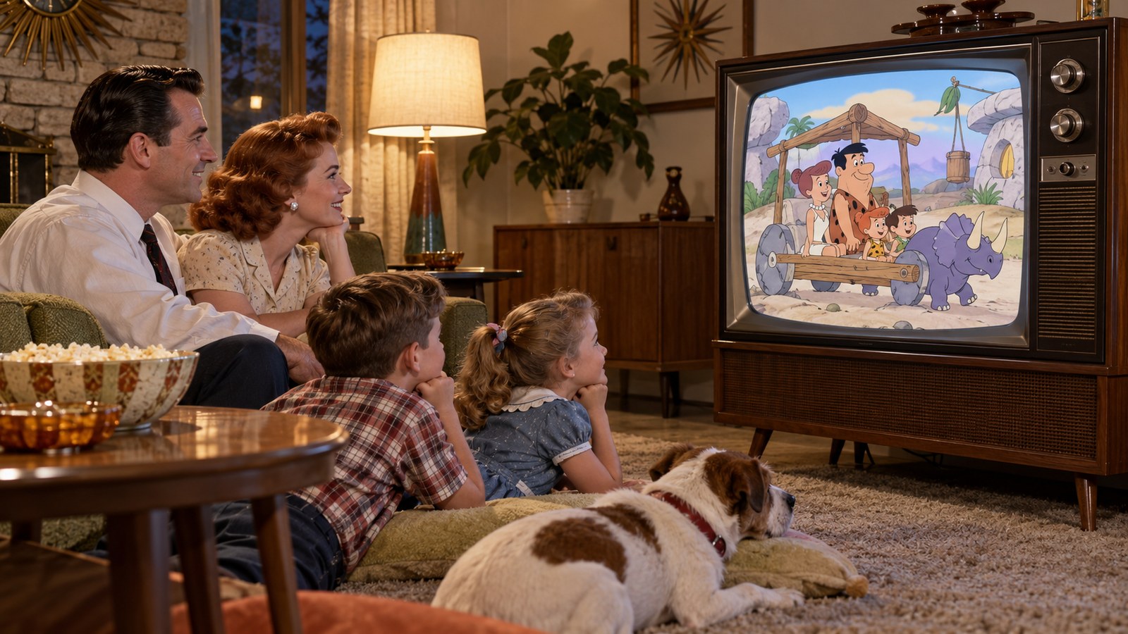 AI reconstruction of an American family watching The Flintstones premiere in 1960