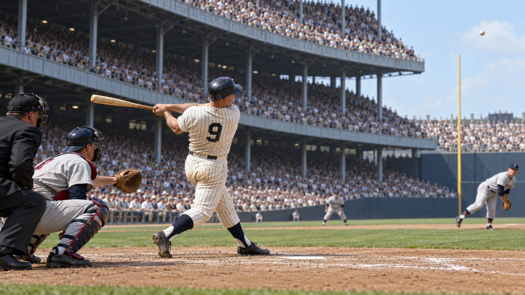Photorealistic historical reconstruction of Roger Maris hitting his 61st home run in 1961.