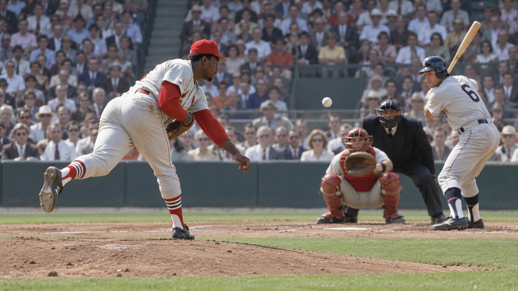 Photorealistic historical reconstruction of Bob Gibson striking out 17 Tigers in the 1968 World Series.