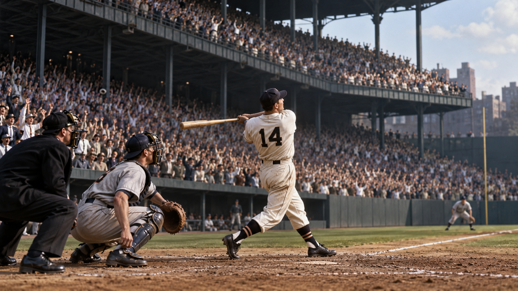 Photorealistic historical reconstruction of Bobby Thomson hitting the Shot Heard Round the World in 1951.