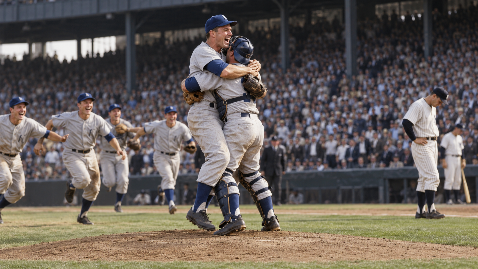Photorealistic historical reconstruction of the Brooklyn Dodgers celebrating their first World Series title in 1955.