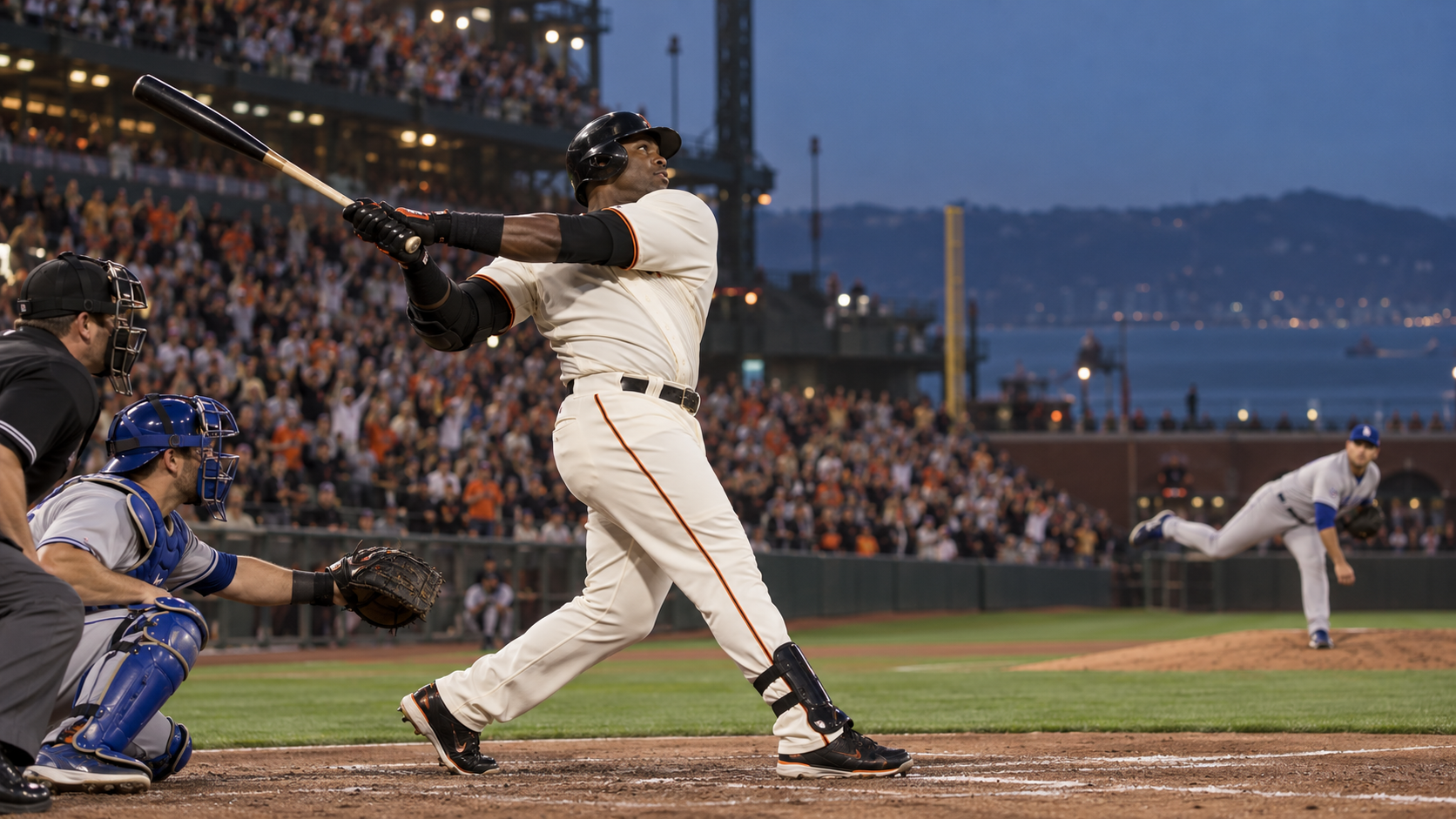 Photorealistic historical reconstruction of Barry Bonds breaking the single-season home-run record in 2001.
