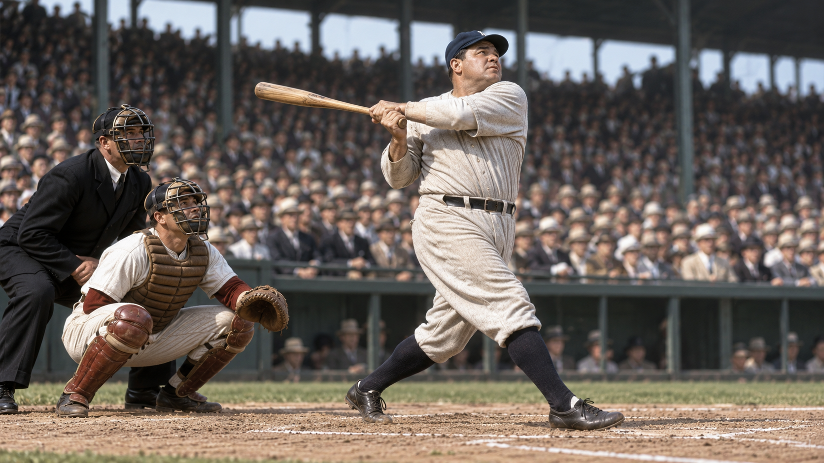 Photorealistic historical reconstruction of Babe Ruth hitting three home runs in the 1926 World Series.