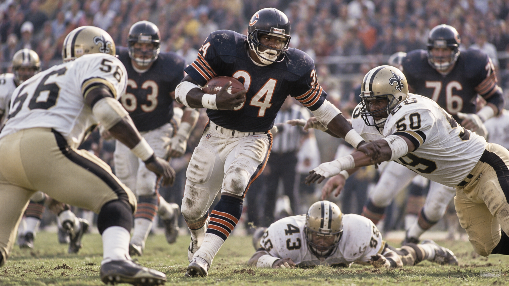Photorealistic historical reconstruction of Walter Payton breaking the NFL career rushing record in 1984.