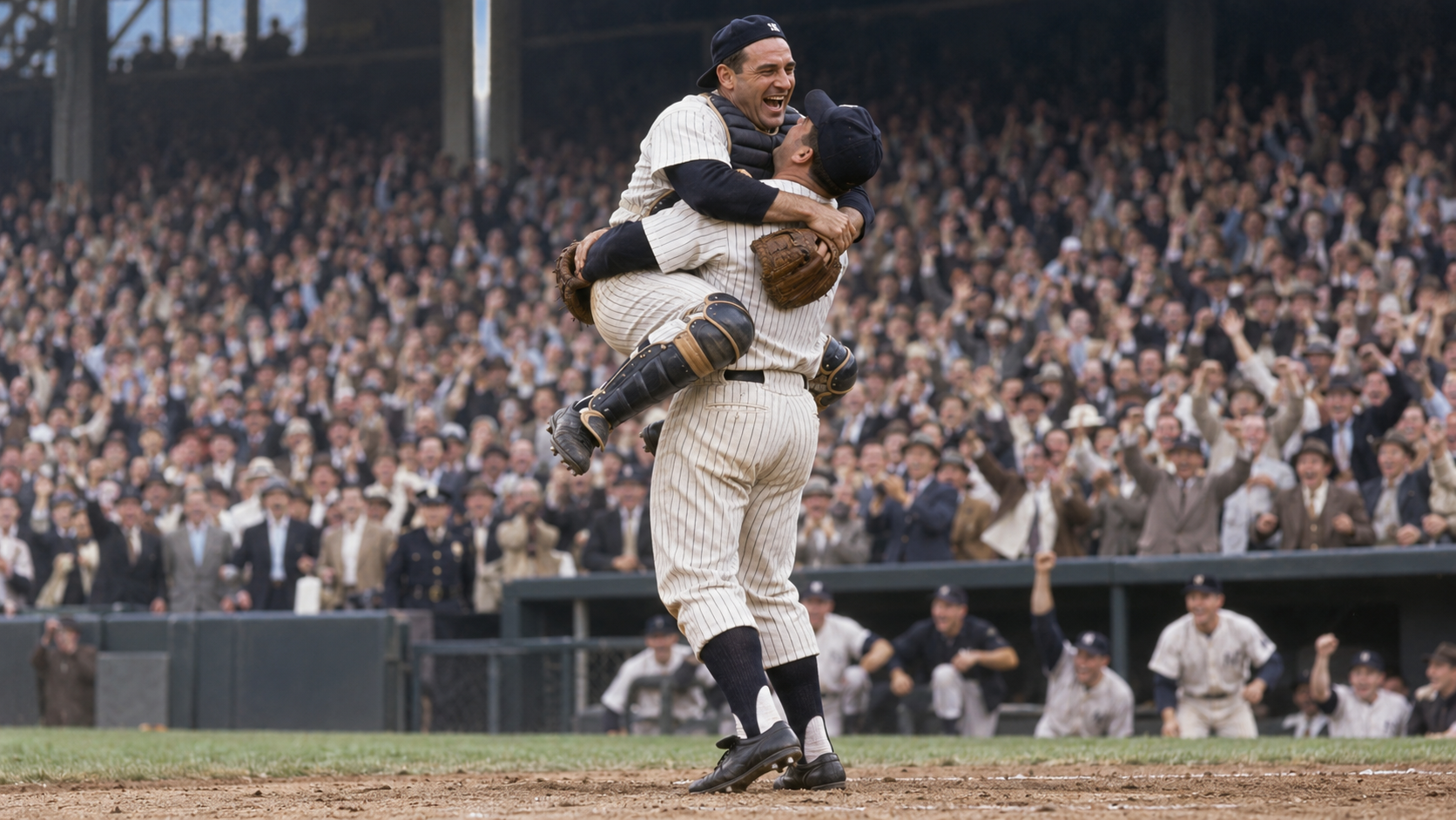 Photorealistic historical reconstruction of Don Larsen and Yogi Berra celebrating the 1956 World Series perfect game.