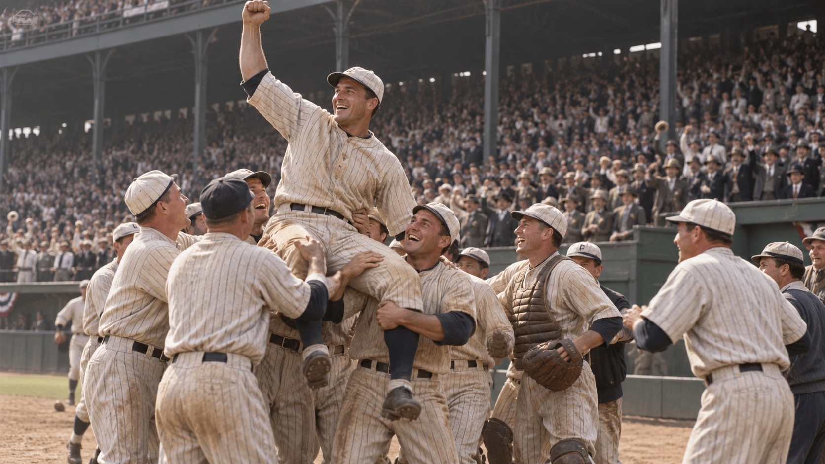 Photorealistic historical reconstruction of the Cincinnati Reds celebrating their 1919 World Series championship.