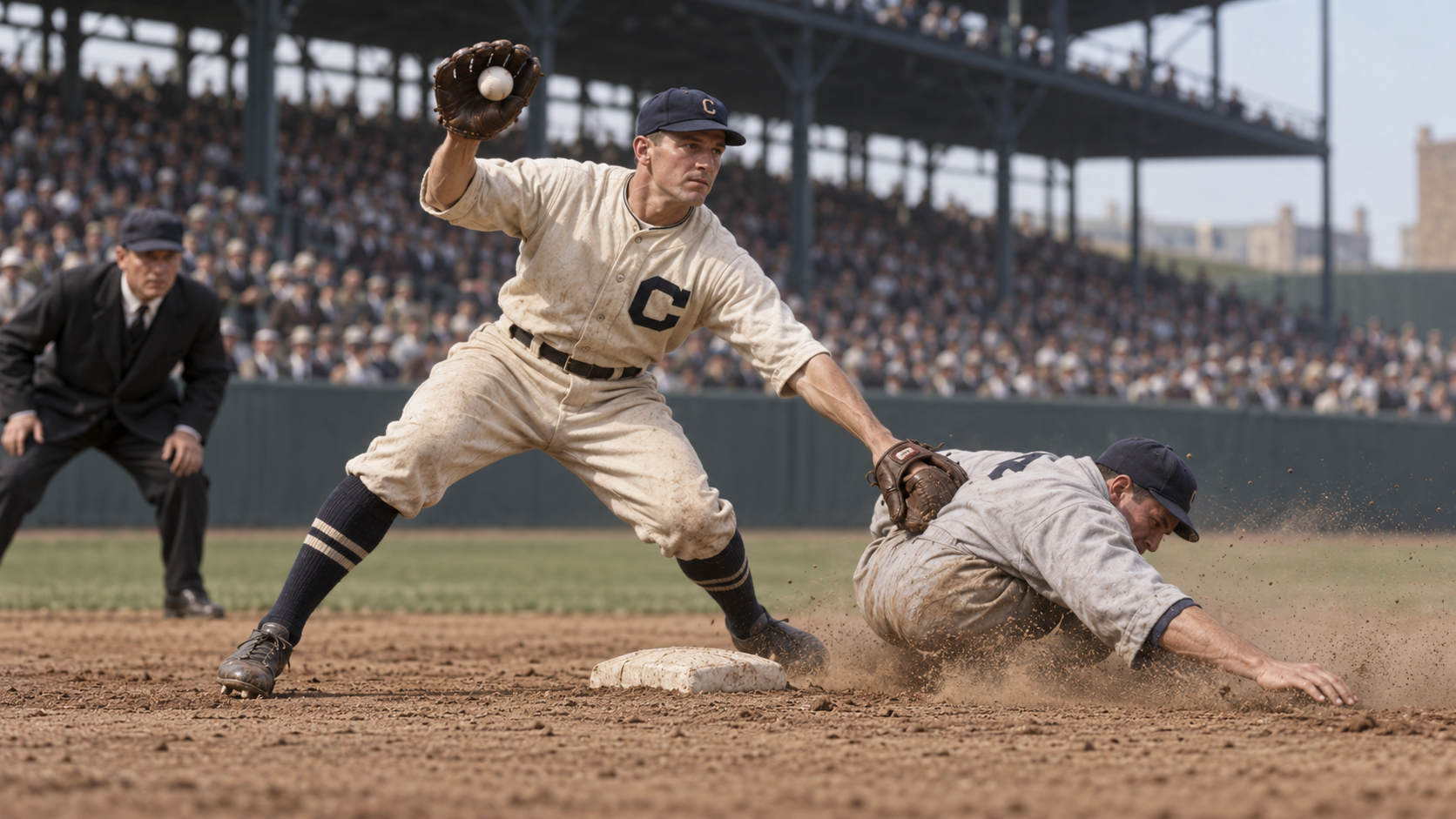 Photorealistic historical reconstruction of Bill Wambsganss completing an unassisted triple play in 1920.