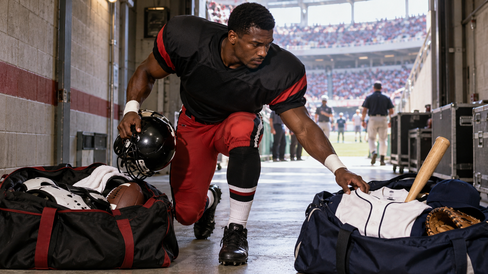 Photorealistic historical reconstruction of Deion Sanders attempting to play two professional sports in one day in 1992.