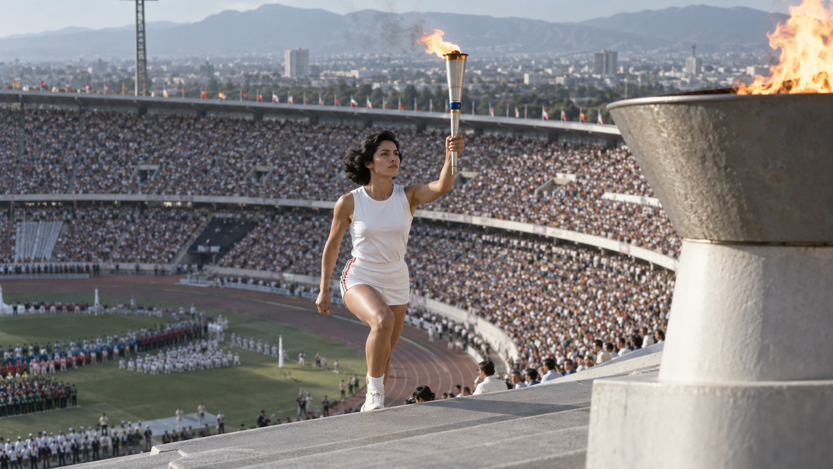 Photorealistic historical reconstruction of Enriqueta Basilio lighting the Olympic cauldron in Mexico City in 1968.
