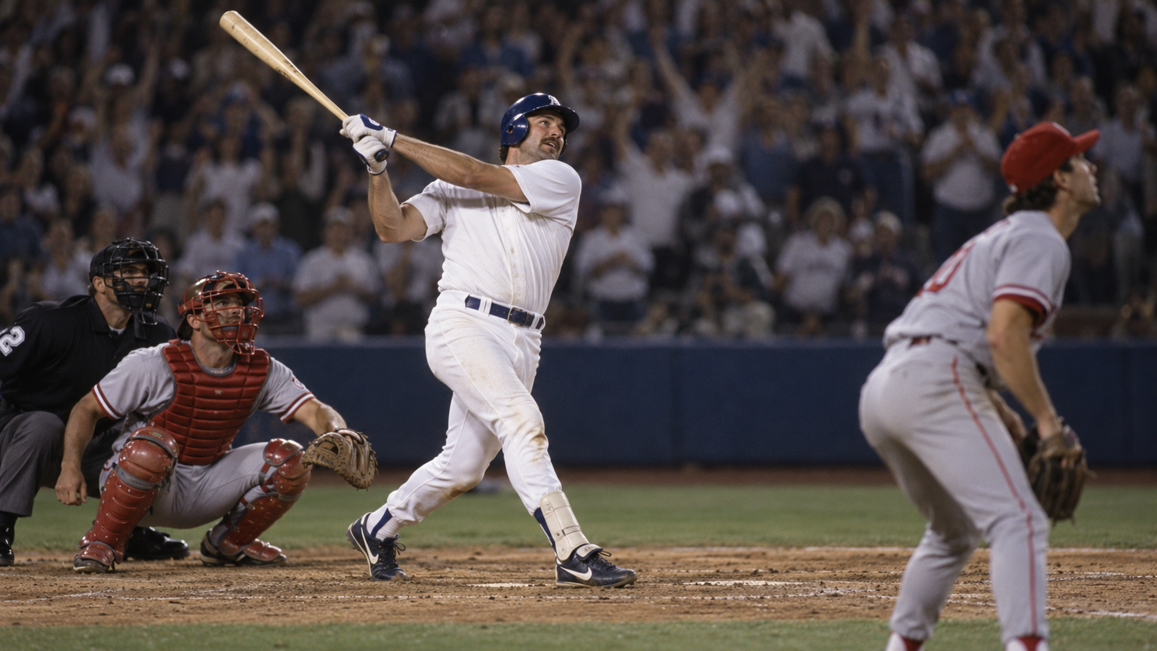Photorealistic historical reconstruction of Kirk Gibson hitting his 1988 World Series walk-off home run.