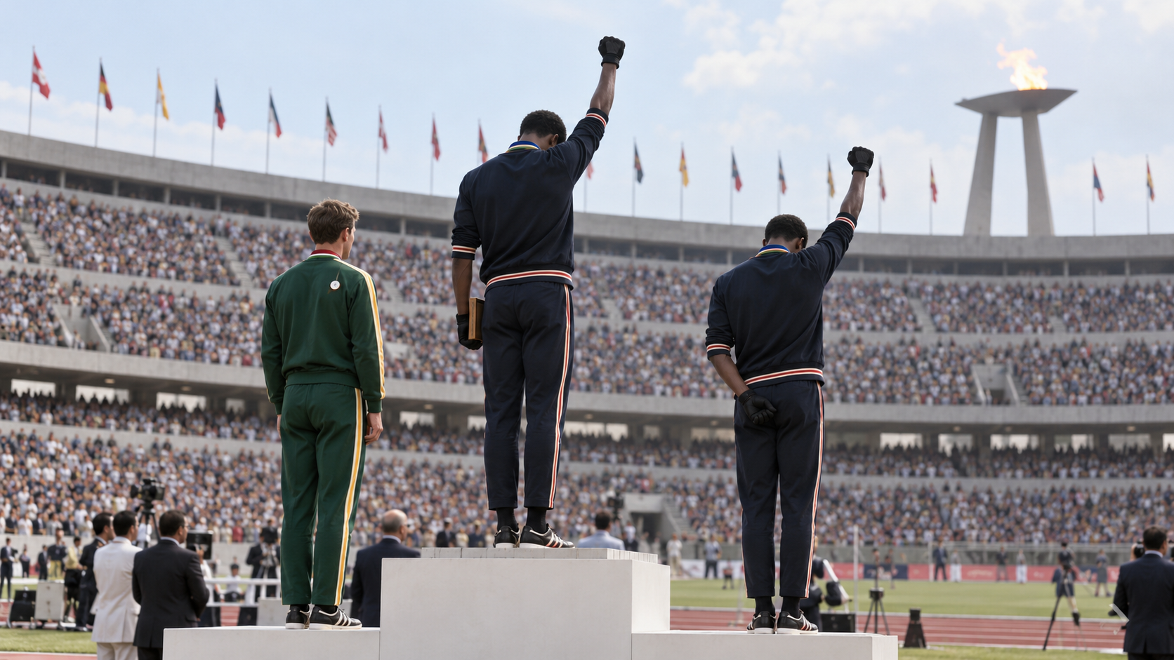 Photorealistic historical reconstruction of Tommie Smith and John Carlos protesting during the 1968 Olympic medal ceremony.