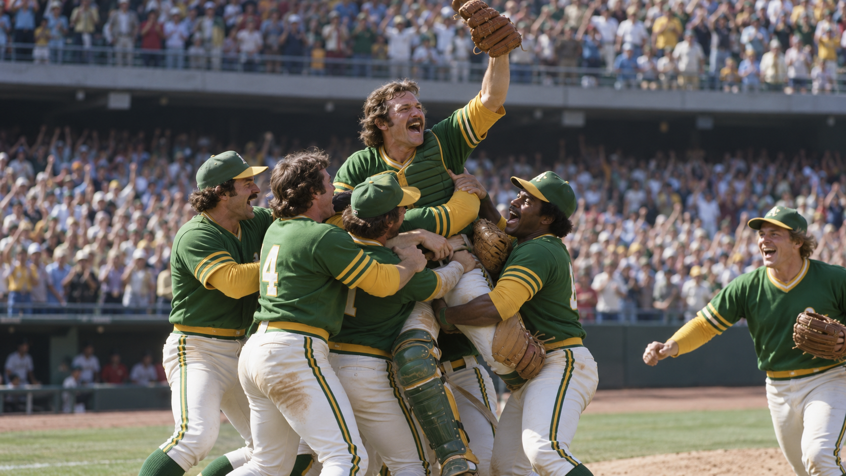 Photorealistic historical reconstruction of the Oakland Athletics winning a third straight World Series in 1974.