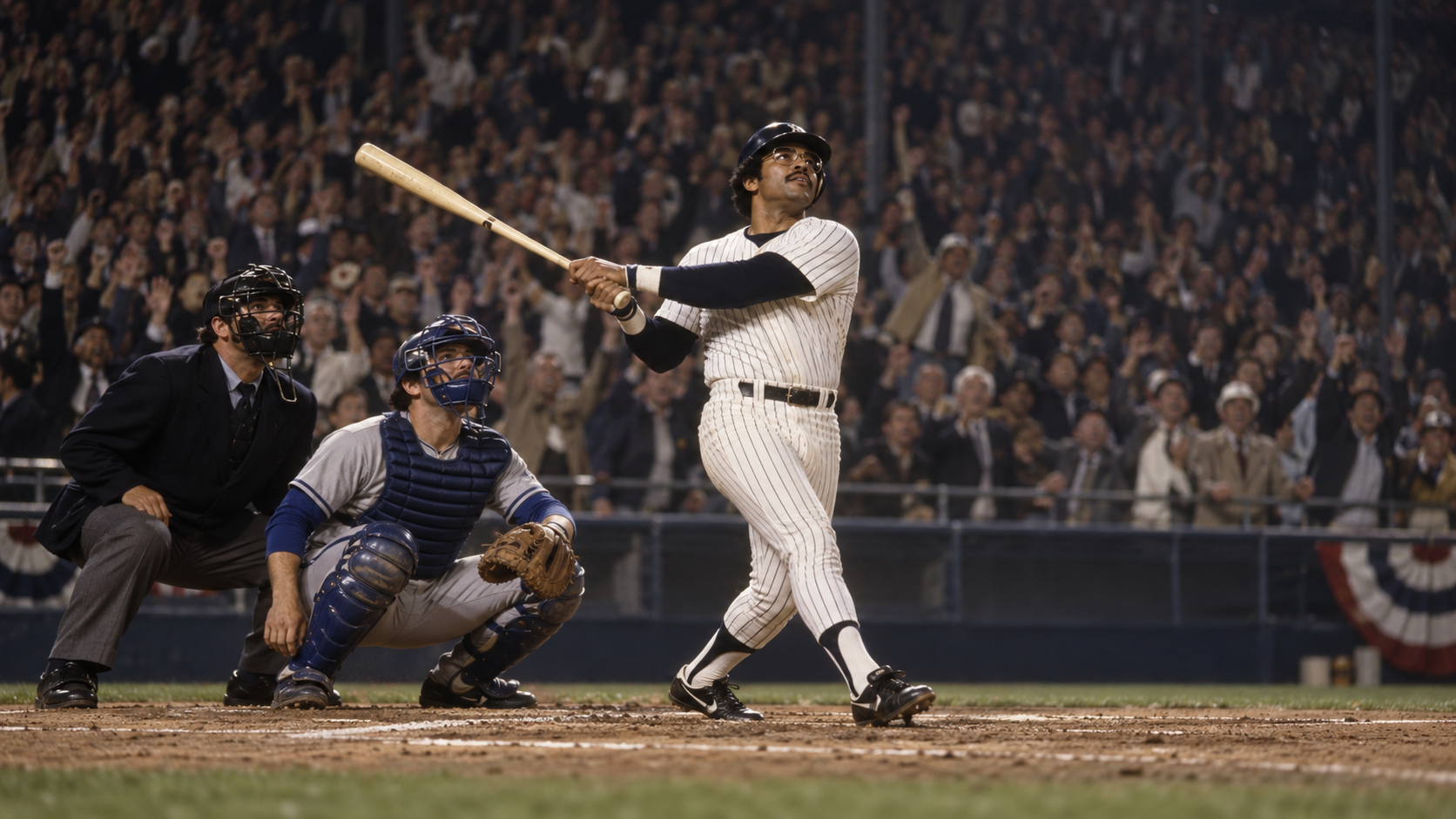 Photorealistic historical reconstruction of Reggie Jackson hitting three home runs in the 1977 World Series.