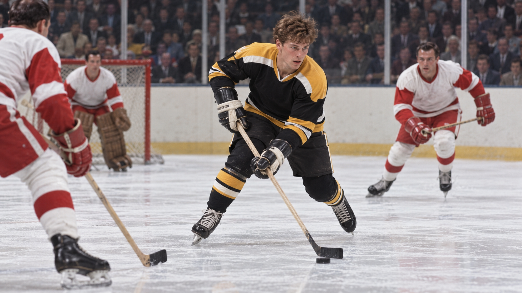 Photorealistic historical reconstruction of Bobby Orr making his NHL debut for Boston in 1966.