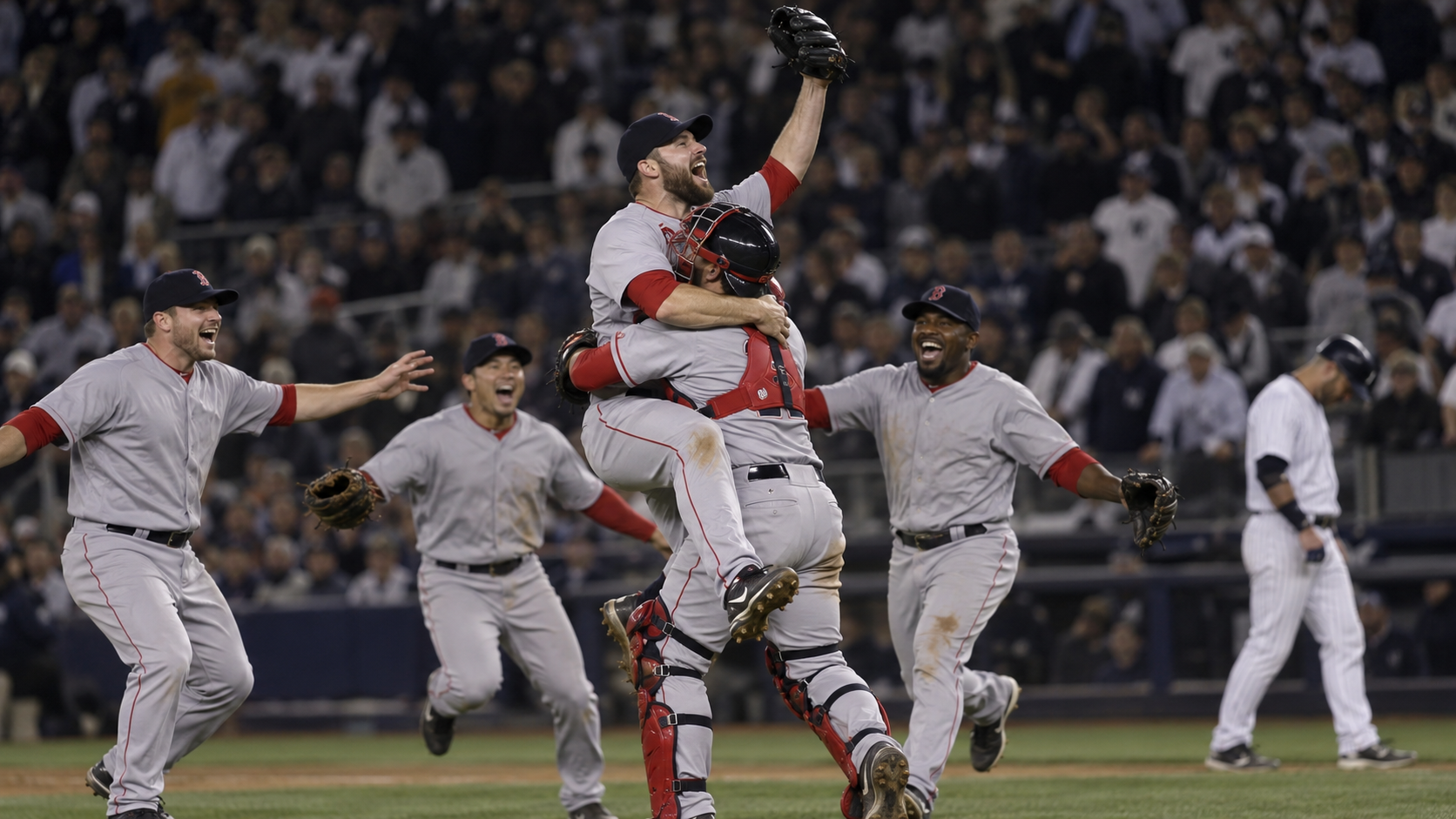 Photorealistic historical reconstruction of the Boston Red Sox completing their 2004 ALCS comeback.