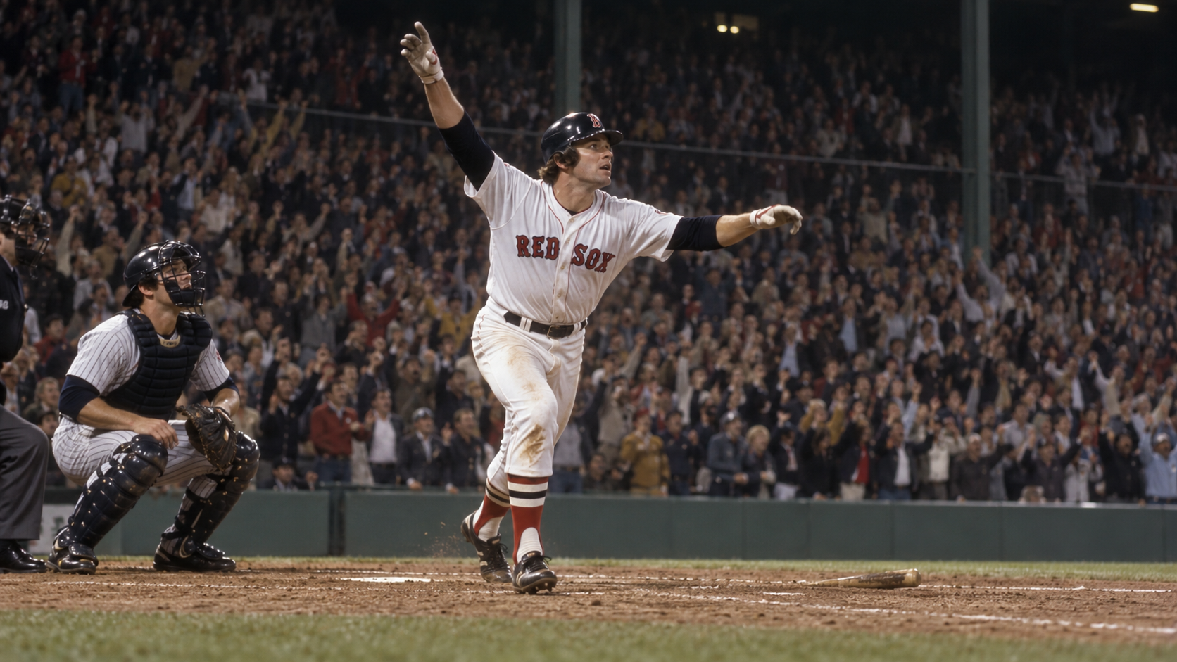 Photorealistic historical reconstruction of Carlton Fisk waving his 1975 World Series home run fair.