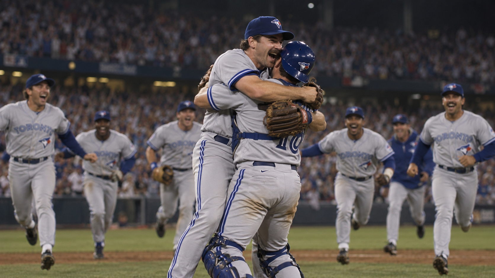 Photorealistic historical reconstruction of the Toronto Blue Jays winning their first World Series in 1992.