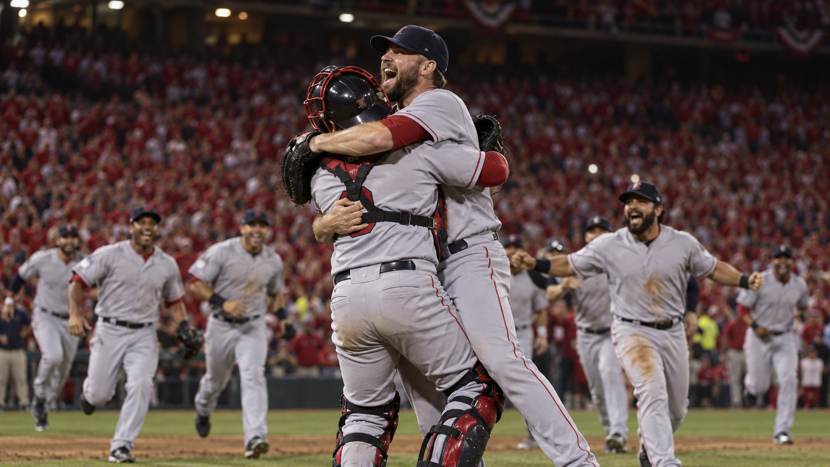 Photorealistic historical reconstruction of the Boston Red Sox celebrating the 2004 World Series championship.