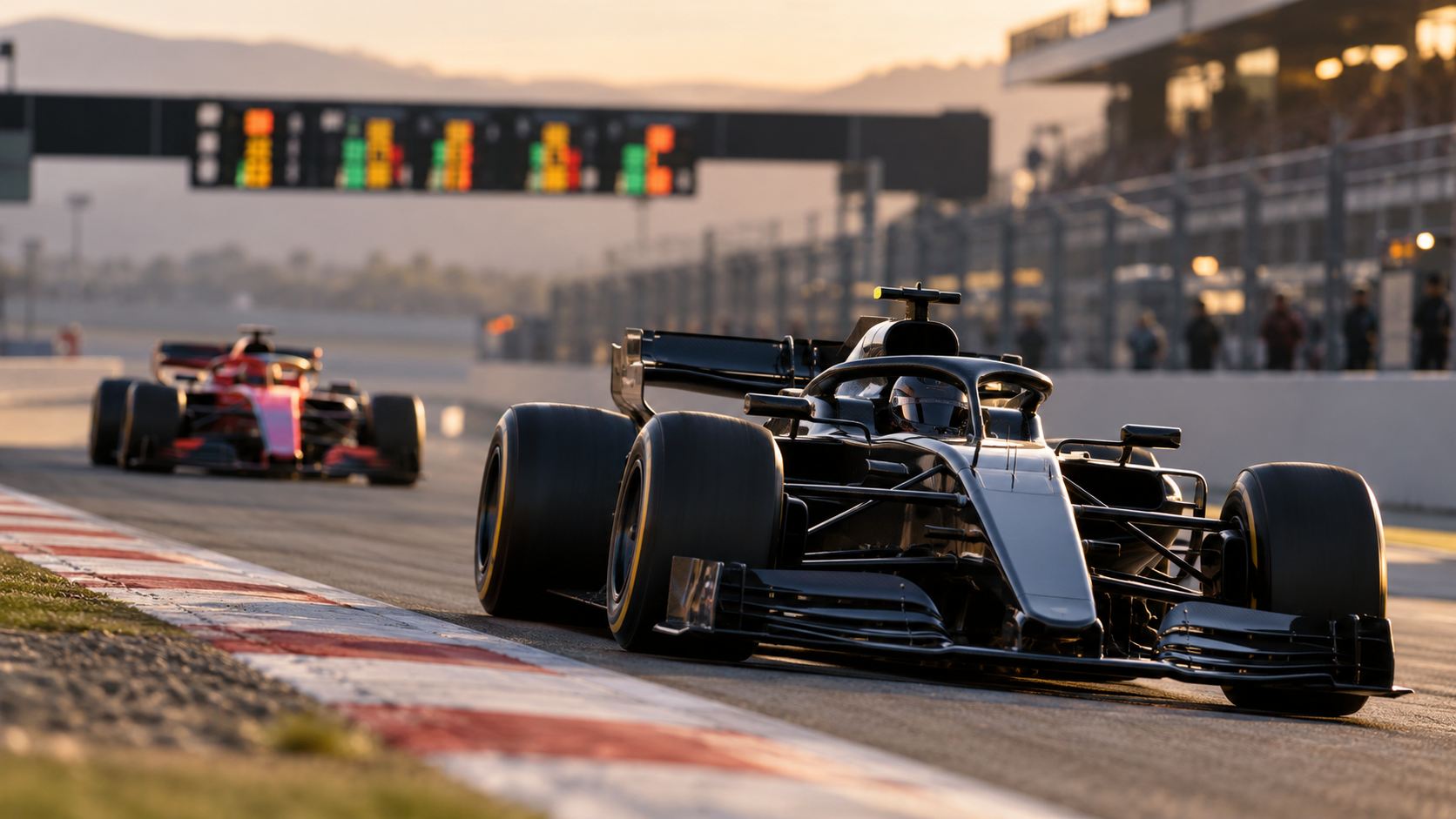 Two generic open-wheel race cars crossing timing lines on separate qualifying laps
