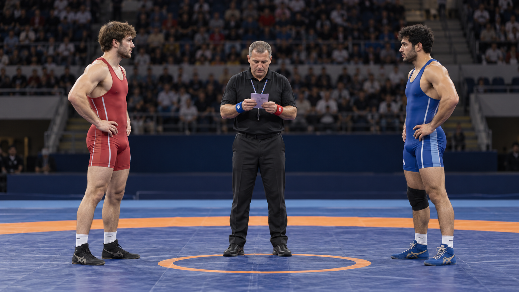Two wrestlers standing center mat as officials compare an equal-score bout