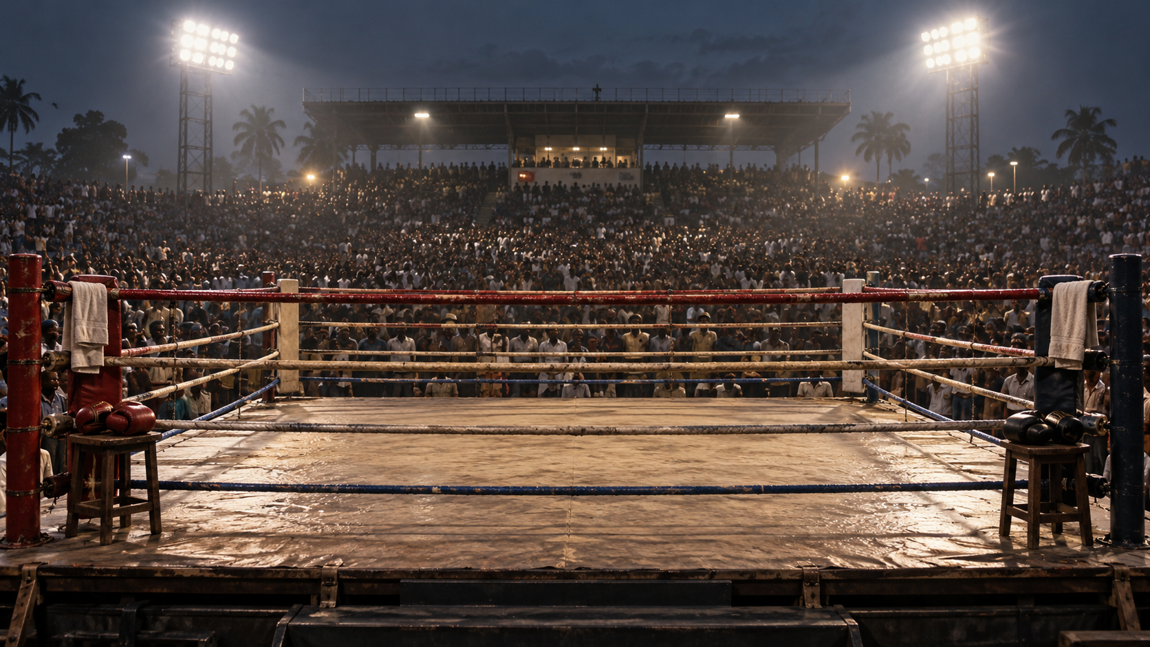 Photorealistic historical reconstruction of Muhammad Ali defeating George Foreman in the 1974 Rumble in the Jungle.