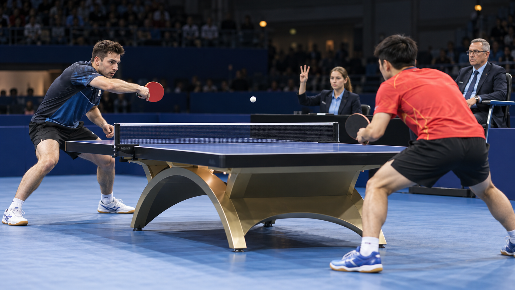 Table tennis umpire counting returns during a long defensive rally