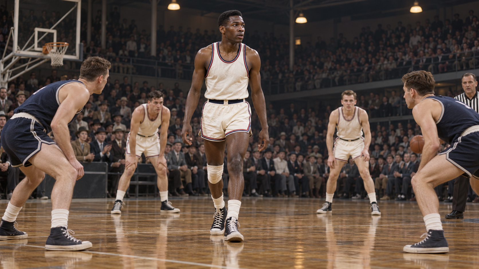 Photorealistic historical reconstruction of Earl Lloyd becoming the first Black player to appear in an NBA game in 1950.