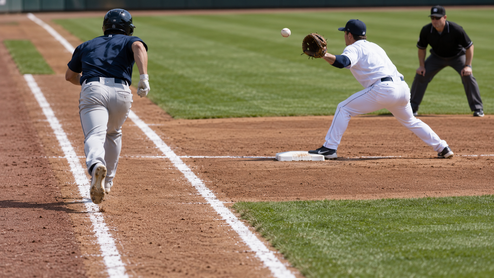 Batter-runner sprinting inside the marked lane toward first base as a throw arrives