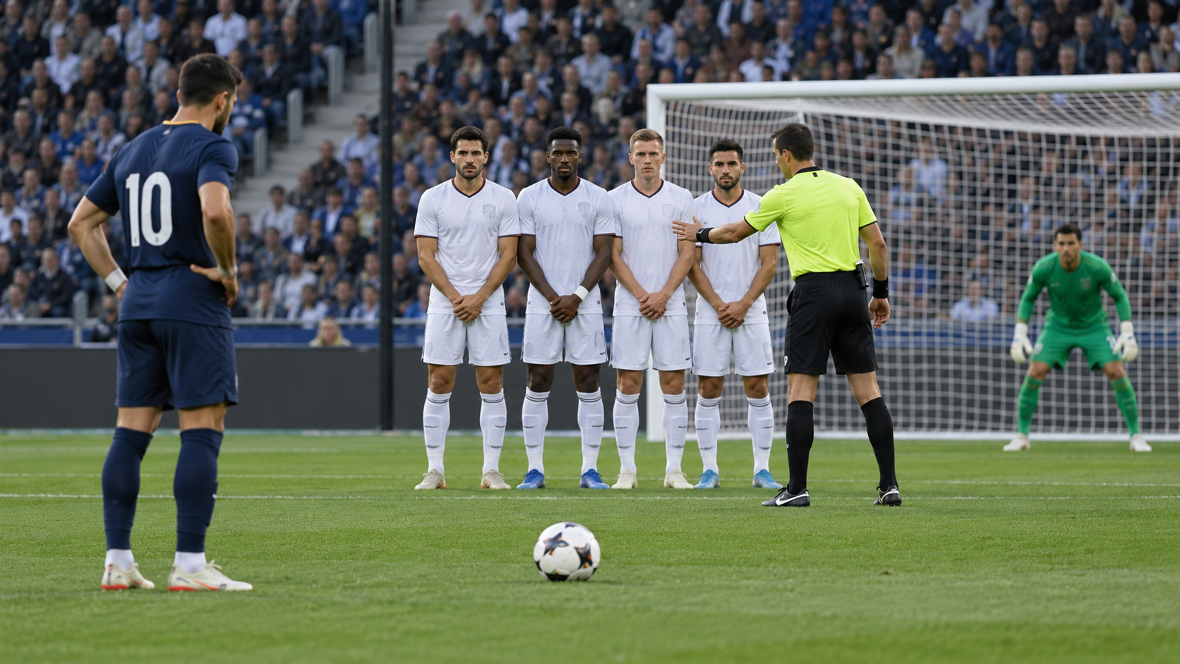 Soccer referee measuring space between a free kick and a defensive wall