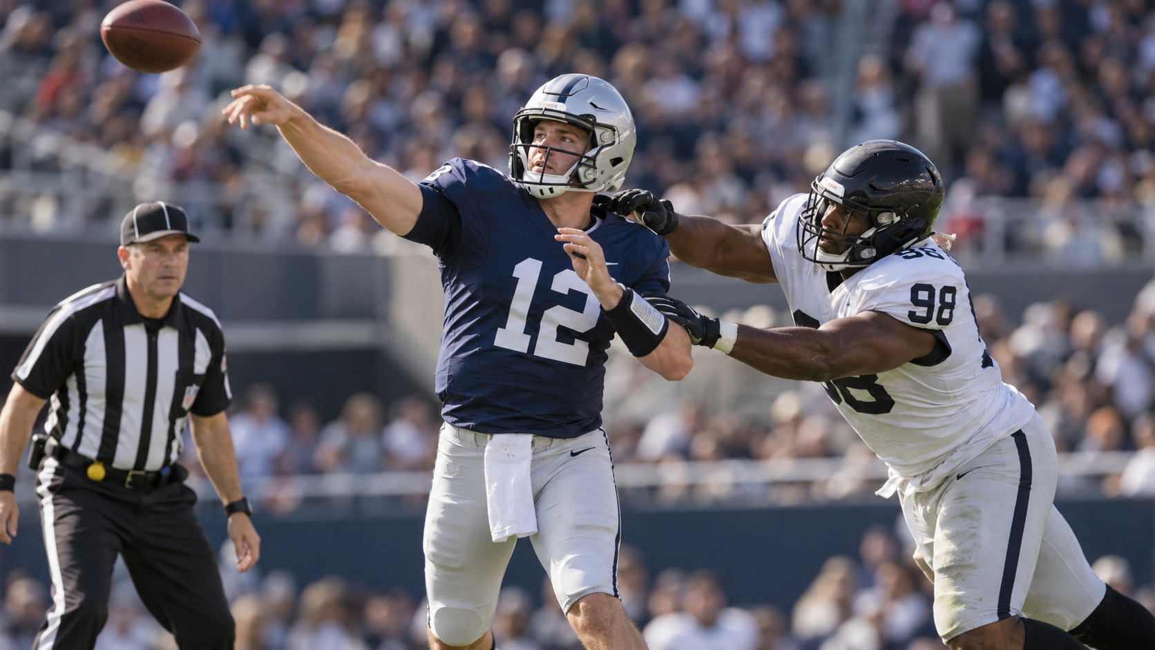 Football pass rusher making late contact with a quarterback after the throw