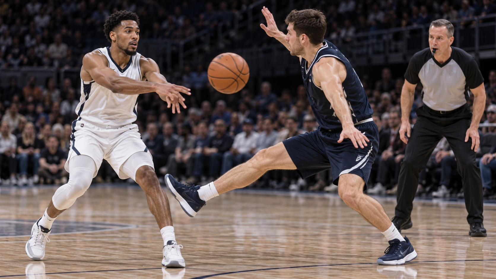 Basketball pass striking a defender's extended lower leg as an official watches