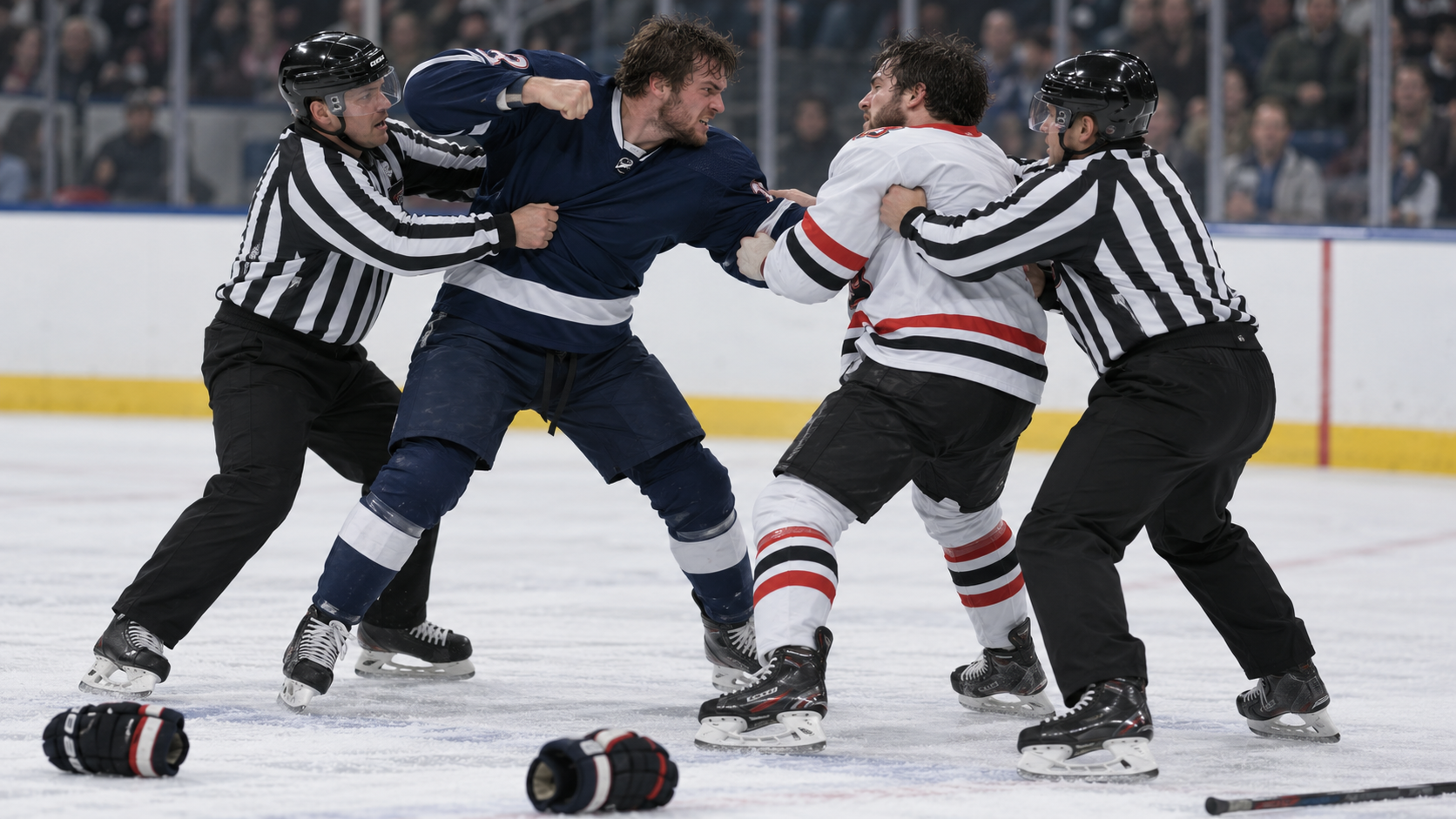 Hockey officials separating two players after one initiated a confrontation